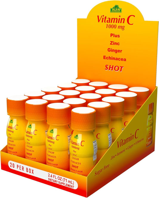 Vitamin C Shot 1000MG - Immunity Booster with Zinc, Ginger, & Echinacea - Protect Your Immunity - Fight The Common Cold - Orange Flavor - 2.4 FL Oz Bottle - 20 Pack