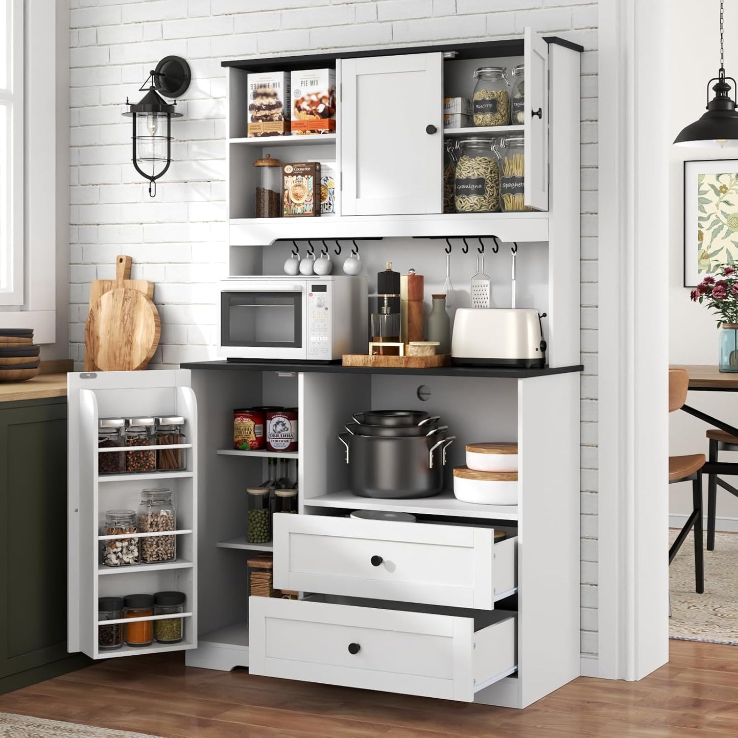 Gyfimoie Kitchen Pantry Storage Cabinet,Freestanding Buffet Cabinet with Wine Glass Holder,Food Pantry with Doors and Shelves,Tall Kitchen Hutch with Microwave Stand for Kitchens(White+Black)