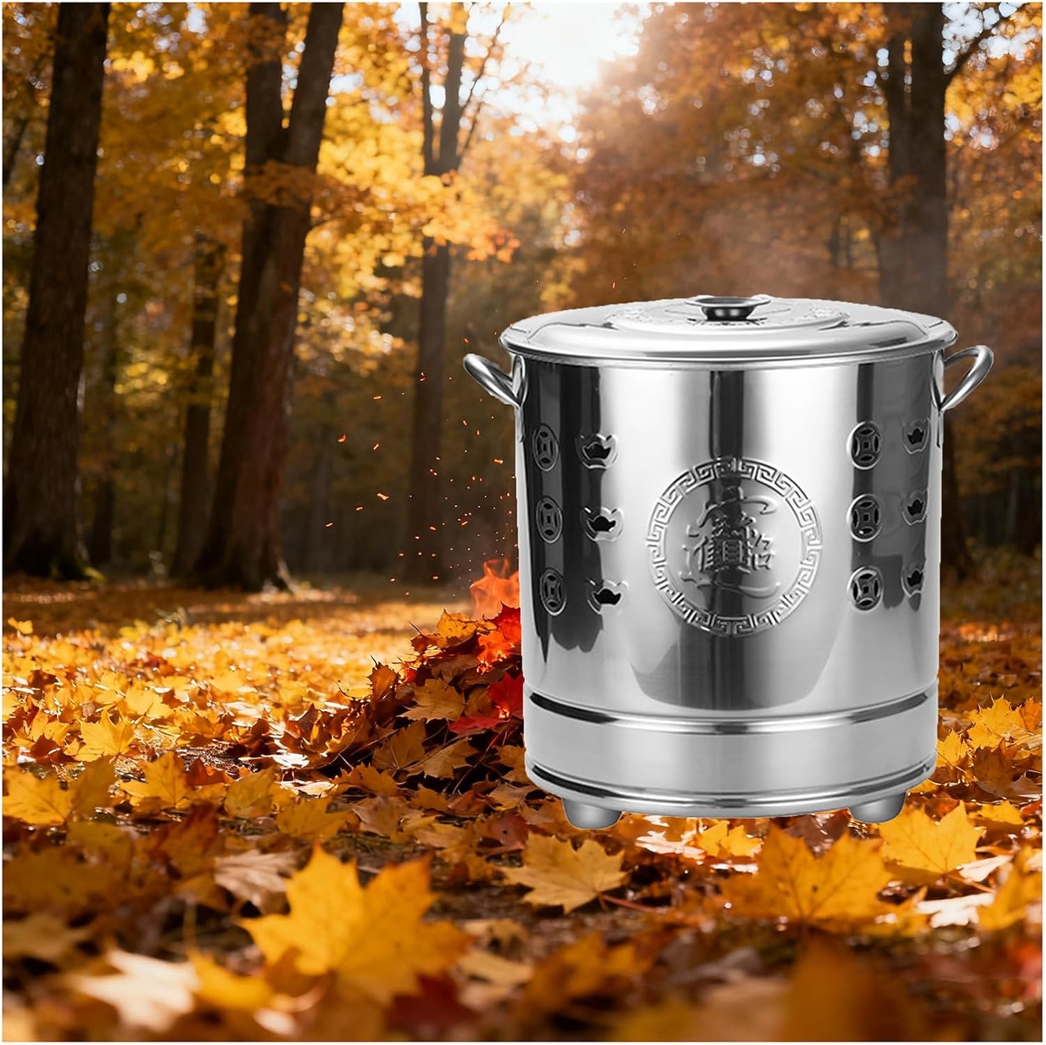 Portable Stainless Steel Incinerator Thickened Paper Burning Barrel with Lid Combustion Barrel with Inner Liner Reinforced Handle Design for Garden Leaf and Paper Incineration(Silver,35x38cm)