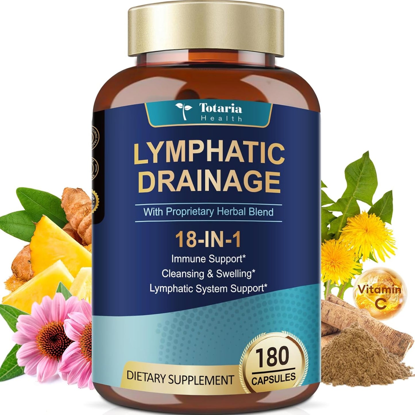 Lymphatic Drainage Supplements - Reduce Lymph Swelling with Echinacea, Dandelion, Burdock, Bromelain, Vitamin C, Zinc, Selenium, Proprietary Herbal Blend, Lymph MD System Support, 180 Counts
