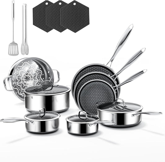 17-Piece 5 Ply Stainless Steel Cookware Set with Lids, Pots and Pans Set Non Stick, Non-Toxic, for Induction, Oven, Dishwasher Safe, RV Essentials, Kitchen Appliances