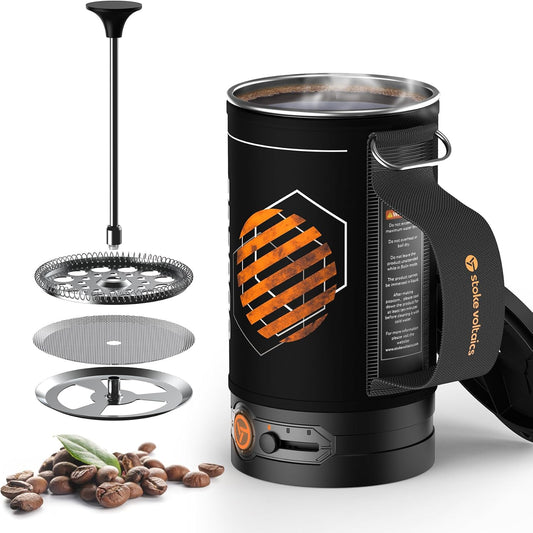 Stoke Voltaics Electric French Press Coffee Maker, 120V Boil Water & Press Coffee 2-in-1, Portable Design for Travel, Camping, 6 Minute Brew Ready