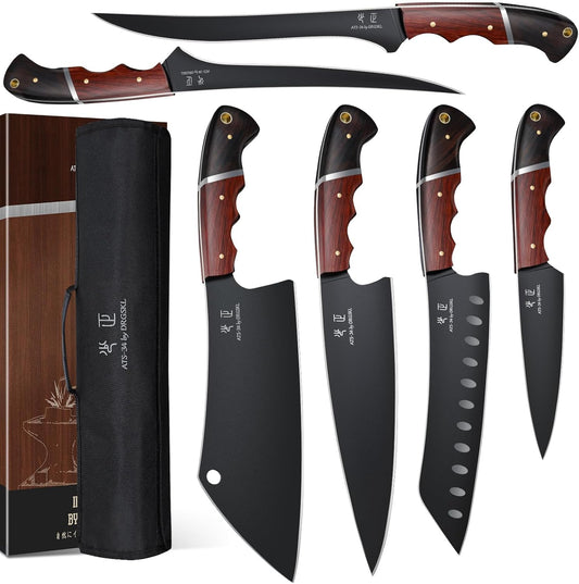DRGSKL Kitchen Knife Set with Bag - 6 PCS Chef Knife Set - Cleaver, Boning, Fillet, Santoku, Kitchent Utility Knife, Chef Knife with Full Tang Wooden Handle, Butcher Knife Set for Men, Ideal Gift