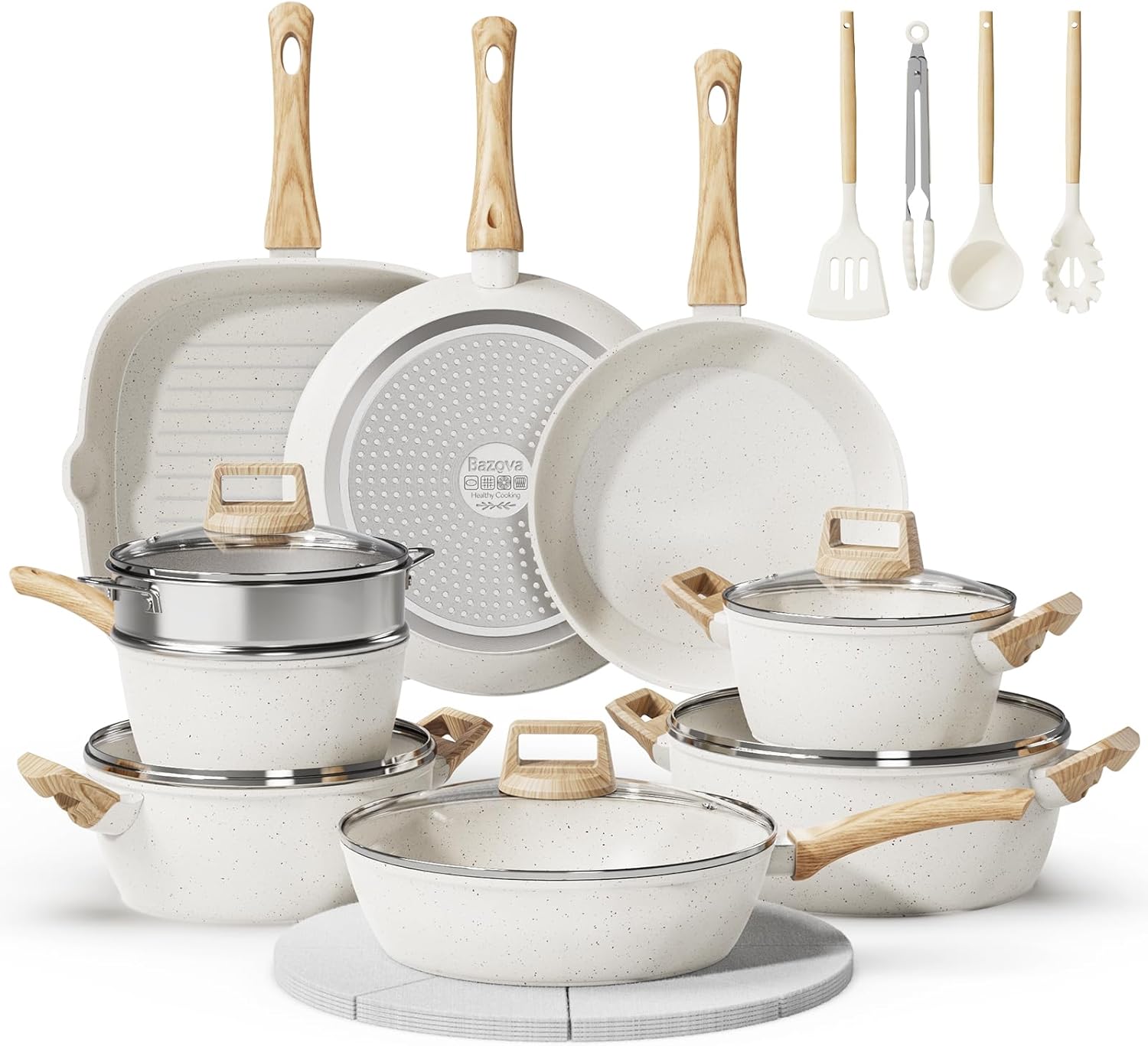 24 Pcs Pots and Pans Set, Non Stick Ceramic Cookware Set with 3 Stockpots, Healthy Non-Toxic, Large Capacity, Induction Compatible, PFAS/PTFE/PFOA Free, Cream White