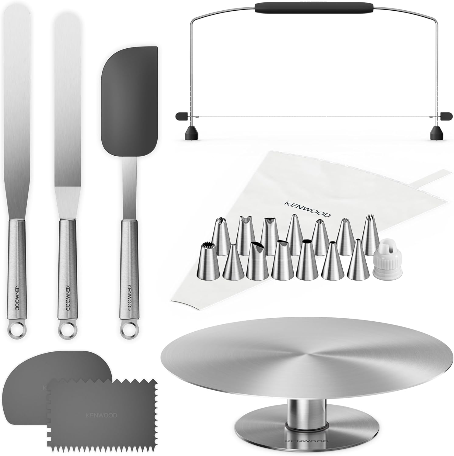 Kenwood KWSD100 Decorating Pastry Set, Stainless Steel Cake Tray, Spatulas, Piping Bag and Stainless Steel Sleeve for Decoration