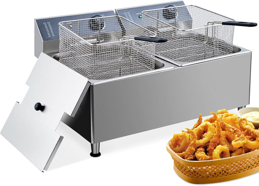 Deep fryers, Commercial Deep Fryer 22L Large Dual Tank Electric Countertop Fryer, for Restaurant with 2 Frying Baskets and Lids, 1700W x 2, 110V