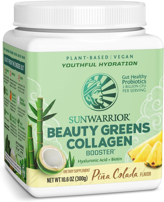Sunwarrior Vegan Beauty Greens Drink Plant-Based | Hyaluronic Acid Minerals Biotin Probiotics Non-GMO Soy Free Sugar Free Dairy Free Gluten Free | Pina Colada 25 Servings