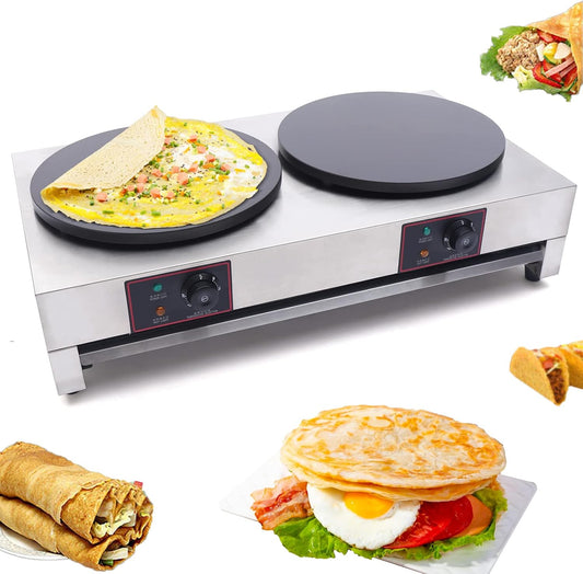 Electric Crepe Maker 3400W Double Burner Griddle with Temperature Control 16 Inch Commercial Pancakes Maker Electric Nonstick Crepe Pan 50-300℃/122-572℉ NO Plug