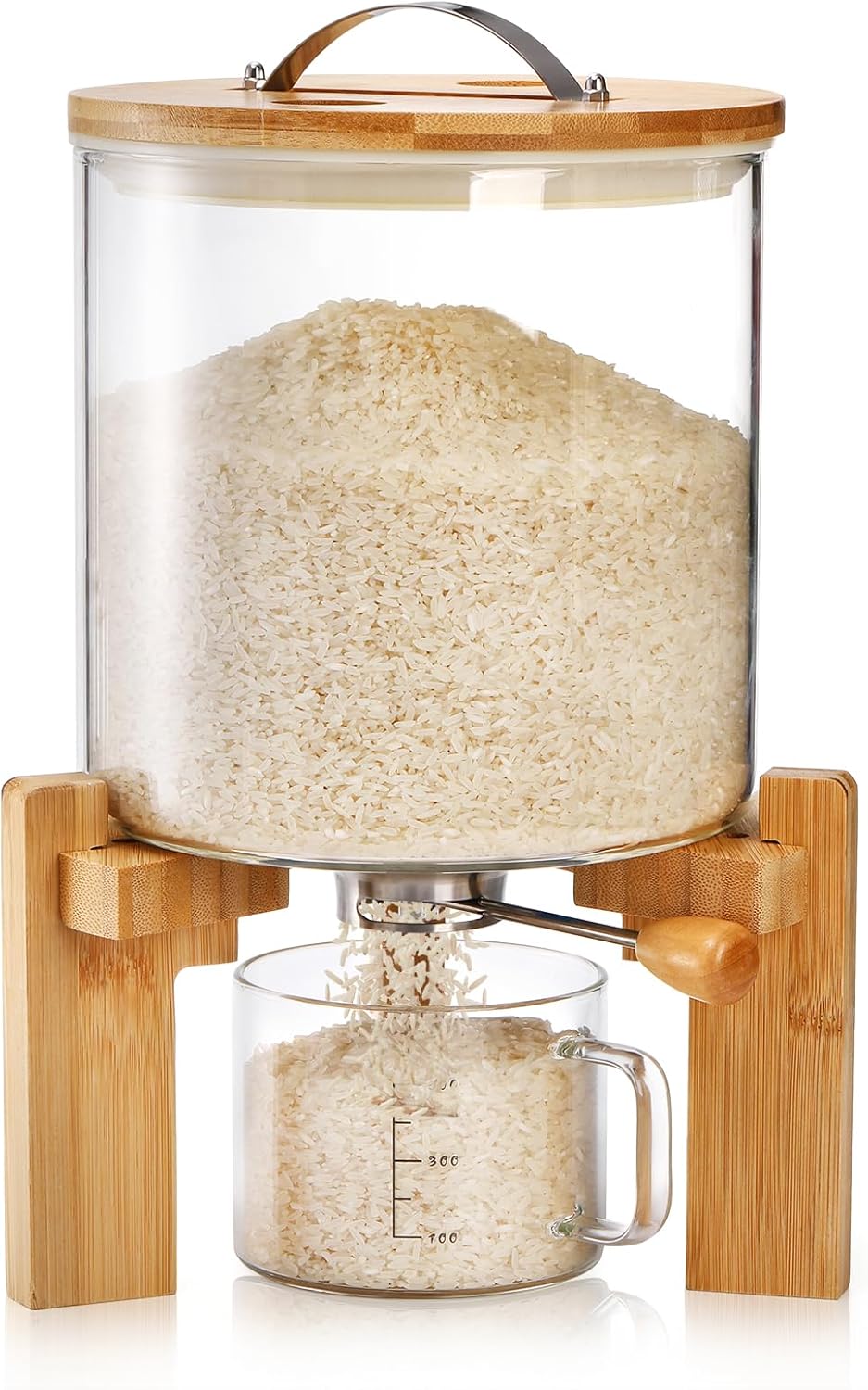5L Glass Rice Dispenser, Cereal Container with Bamboo Stand, Large Airtight Food Storage Bin, Rice Organization Tank with Measuring Cup for Grain Coffee Beans Dry Food
