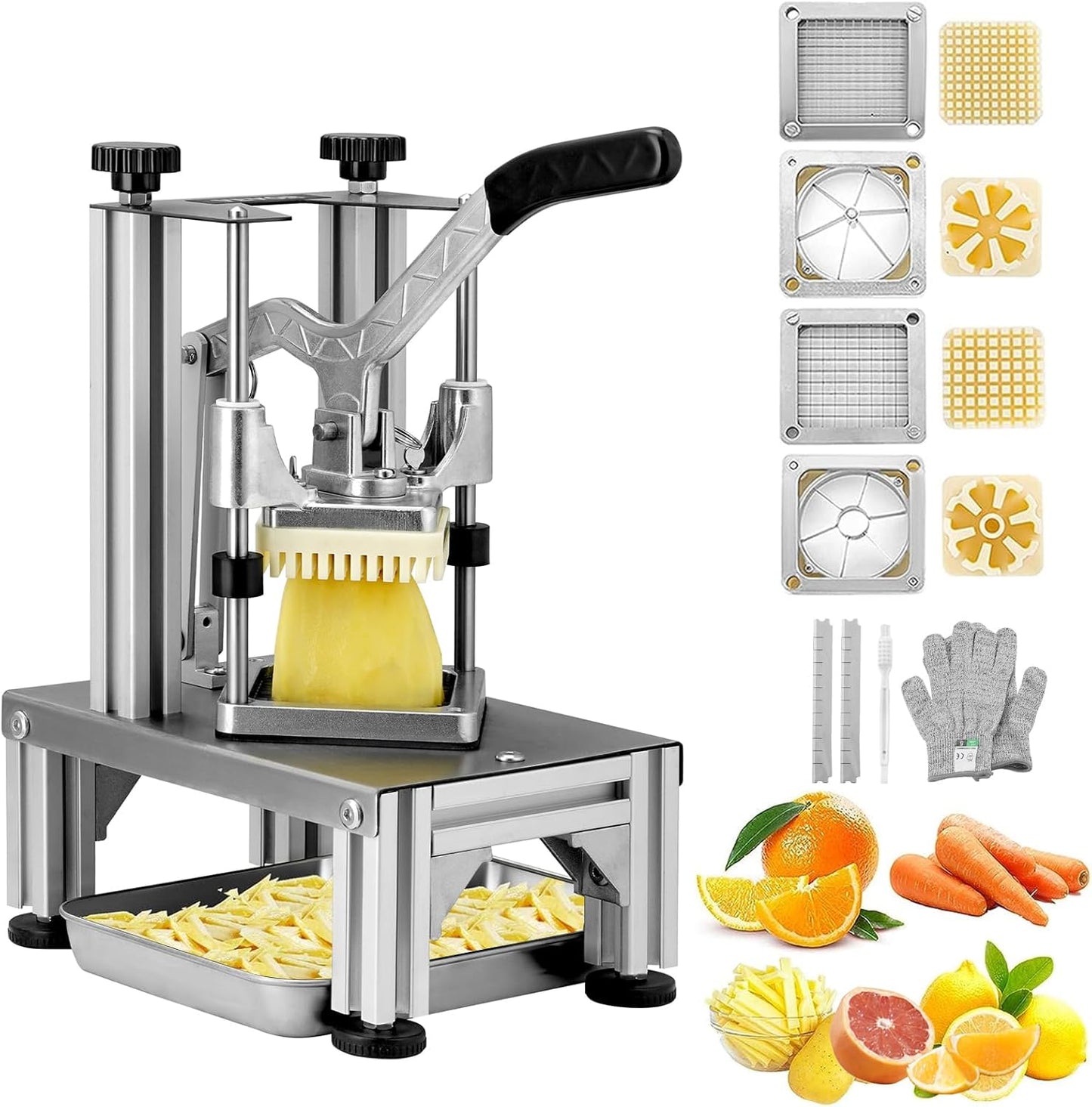 VEVOR Commercial French Fry Cutter with 4 Replacement Blades, 1\/4" and 3\/8" Blade Easy Dicer Chopper, 6-wedge Slicer and 6-wedge Apple Corer, Lemon Potato Cutter for French Fries with Extended Handle