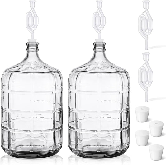 Ziliny 2 Pieces Glass Carboy Glass Water Jug with Drilled and Undrilled Silicone Stoppers and Airlock Glass Fermenting Jug Fermentation Jar Clear Beer Carboy for Beer Wine Making(Clear,5 Gallon)
