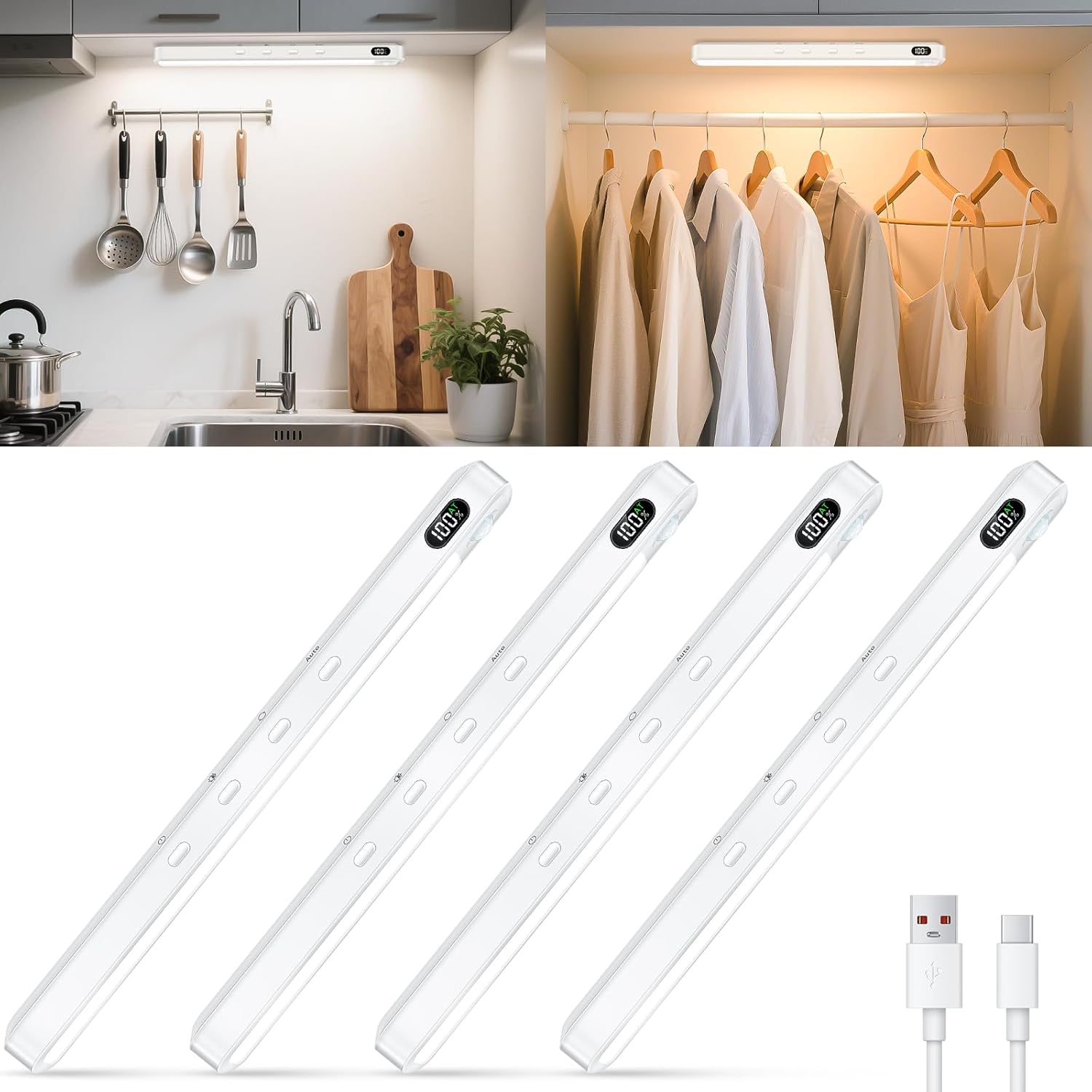WILLED Under Cabinet & Closet Lights, Motion Sensor, Rechargeable, Magnetic, 3 Color Temps, Dimmable LED Light Bar for Indoor Kitchen Counter (4 Pack, White)
