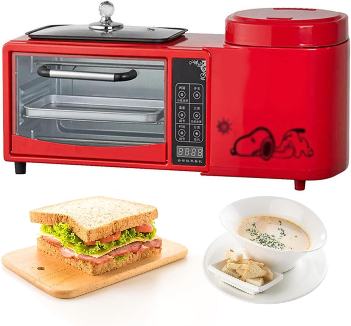 Breakfast Station, 4 In 1 Breakfast Maker Machine with 1L Cooking Pot, Non-stick Frypan, 8L Toaster with HD Touch Screen, 2 Layer Independent Temperature Control (Red)