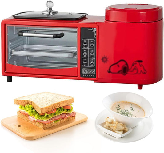 Breakfast Station, 4 In 1 Breakfast Maker Machine with 1L Cooking Pot, Non-stick Frypan, 8L Toaster with HD Touch Screen, 2 Layer Independent Temperature Control (Red)