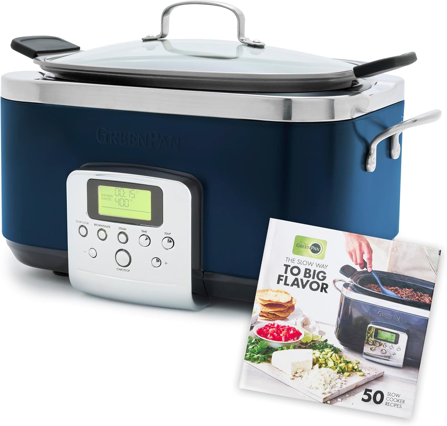 GreenPan Elite 8-in-1 Programmable 6 Quart Electric Slow Cooker, GlassLid & Removable Crock, PFAS-Free Healthy Ceramic Nonstick Multi-Cooker,Sear, Sauté/Brown,Roast, Cobalt Blue + Slow Cooker Cookbook