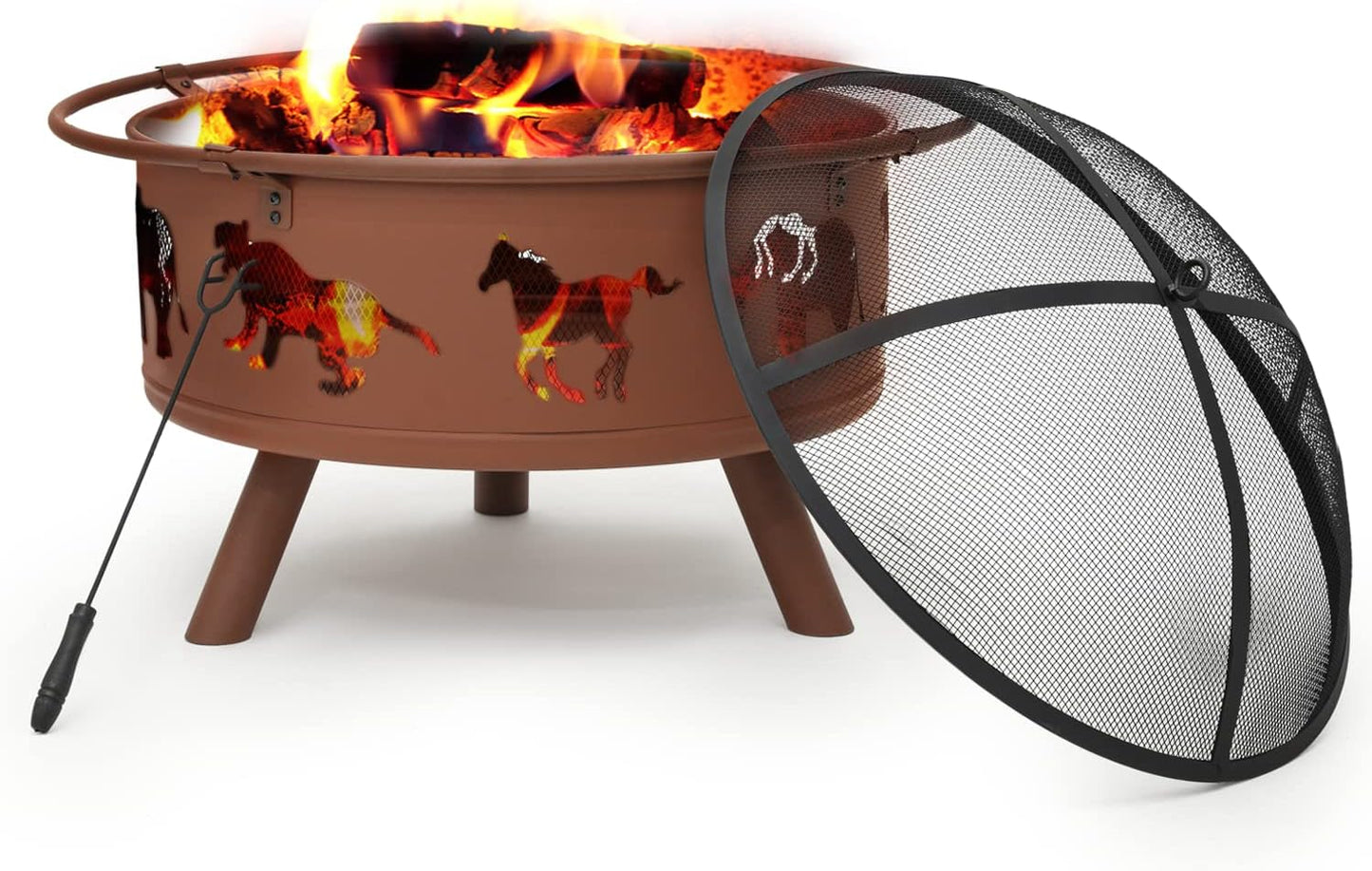 MoNiBloom 32" Wood Burning Fire Pits Horse Pattern Round Metal Firepit Burning Fireplace with Spark Screen Cover and Poker for Patio Backyard Picnic Garden, Red
