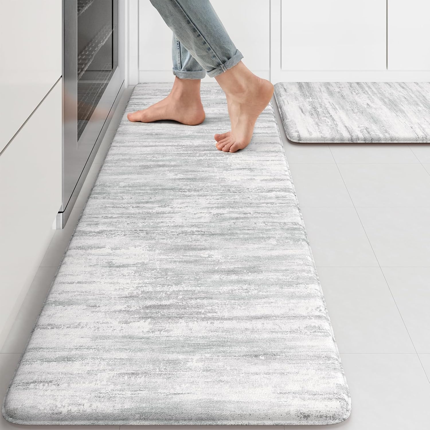 KIMODE Anti Fatigue Kitchen Mats for Floor, Abstract Farmhouse Kitchen Rugs, Cushioned Kitchen Floor Mats, Comfort Standing Mat for Sink, Laundry, Office, Desk Multi-Grey 17"x47"+17"x29"