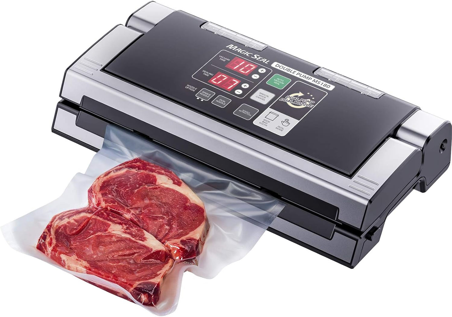 MAGIC SEAL 16-Inch Nozzle Vacuum Sealer for Food Storage - Works with Mylar & Smooth/Non-Textured Bags, No Textured Bags Needed, 250W, 8mm Extra-Wide Seal, 2X Suction Pump - MS180