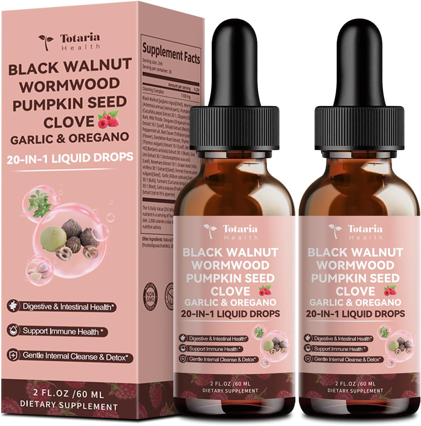 Totaria 2 Pack 20 in 1 Black Walnut Wormwood Tincture - Clove,Pumpkin Seed,Garlic,Oregano,Berberine - Gentle Gut Cleanse & Digestive Health - Alcohol-Free,Gut-Friendly -Raspberry Flavor - 4FL