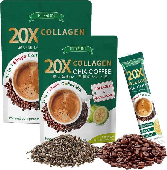 FITGUM 20x Collagen Chia Coffee - 11-in-1 energy-boosting coffee powder with collagen peptides for skin, gut health and improved focus-(10 bags x 12g) (2PCS)