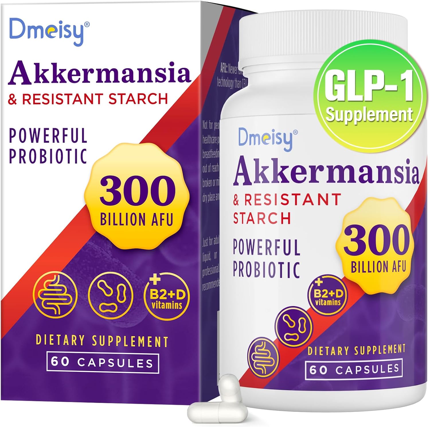 GLP-1 Supplement - 300 Billion AFU Akkermansia Muciniphila, Akkermansia Probiotic for Women & Men, for Boost GLP-1, Digestive, Gut, Immunity, Enhances Gut Lining Function & Intestinal Walls, 60 Count