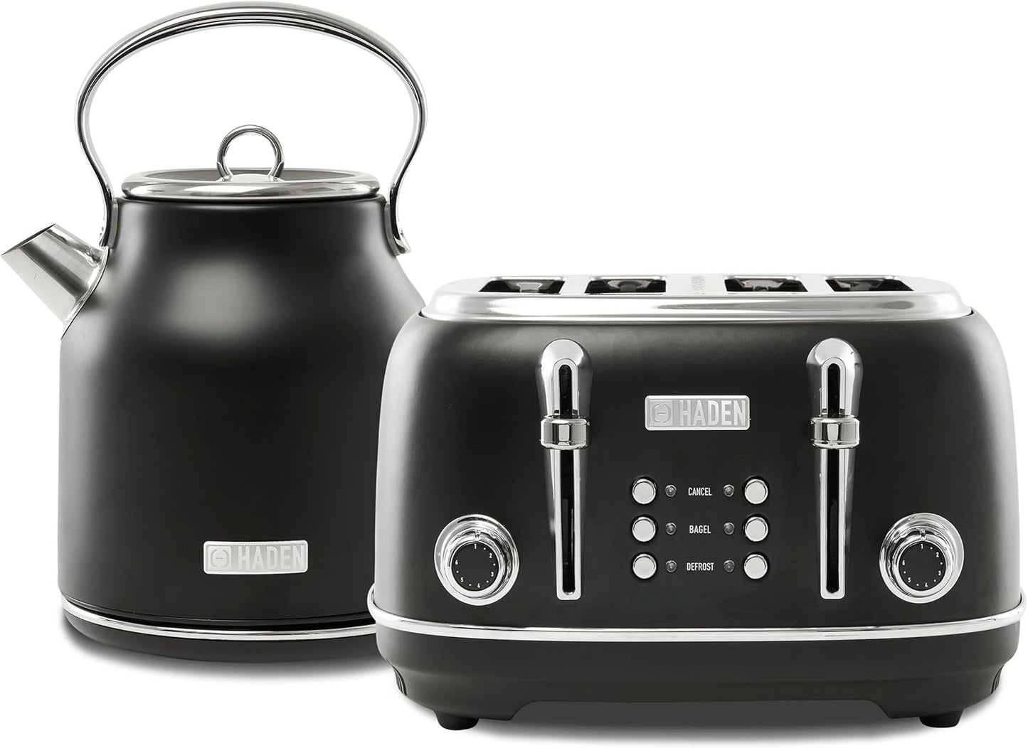 Haden Heritage 4 Slice Wide Slot Stainless Steel Toaster Bundled with 1.7 Liter Stainless Steel Electric Water Kettle, Black & Chrome