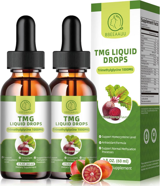 TMG Supplements 1000MG - Trimethylglycine Liquid Drops, Betaine High Absorption, Supports Methylation, Liver Wellness & Cognitive, Non-GMO, Vegan, Blood Orange Flavor, 2 Fl.Oz (2 Pack)