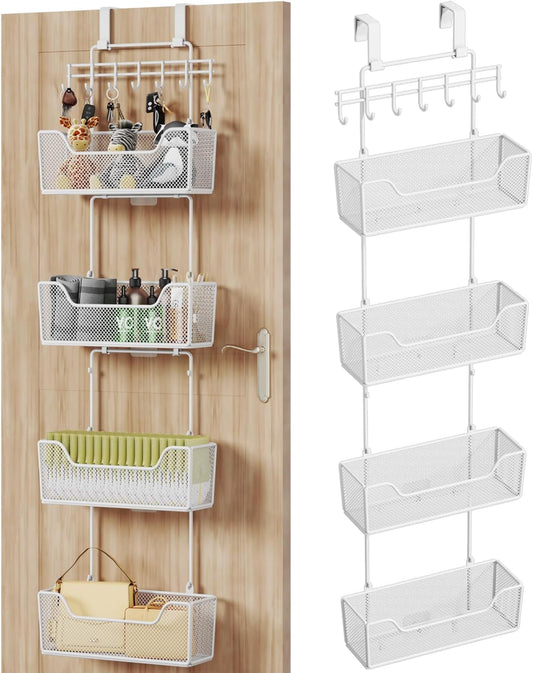 HapiRm Over Door Organizer Storage - Hanging Door Organizer with 4 Metal Large Capacity Baskets and Adjustable Coat Hook for Bathroom Bedroom Kitchen Pantry Closet Cabinet