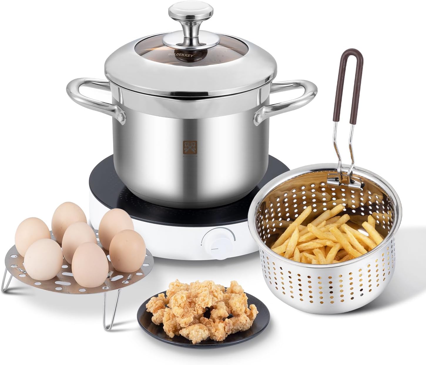 GOLDEN KEY Deep Fryer Pot with Basket and Lid,4.0L\/4.2QT 304 Stainless Steel Standard Capacity Multi-function Cooking Pot with Strainer Basket for Kitchen Camping