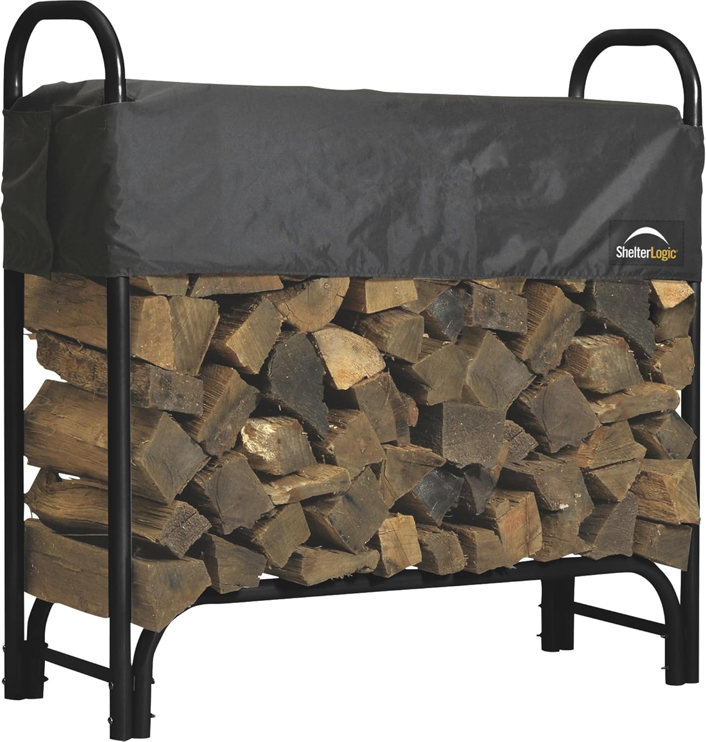 ShelterLogic 4' Adjustable Heavy Duty Outdoor Firewood Rack with Steel Frame Construction and Water-Resistant Cover