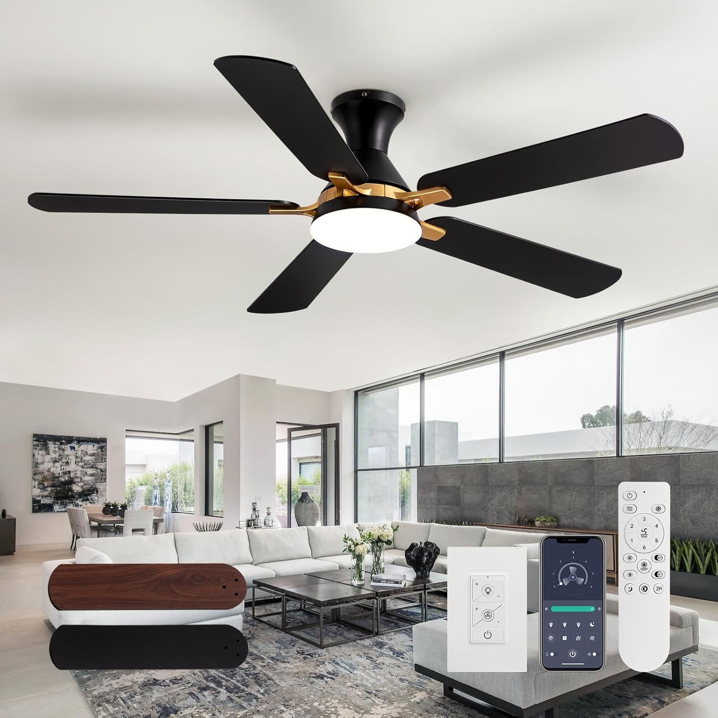 CROSSIO 52" Modern Ceiling Fans with Lights and Remote Control\/APP 5 Blades Black Low Profile Ceiling Fan LED Dimmable Flush Mount Ceiling Fan with Light for Living Dining Room Patio Kitchen