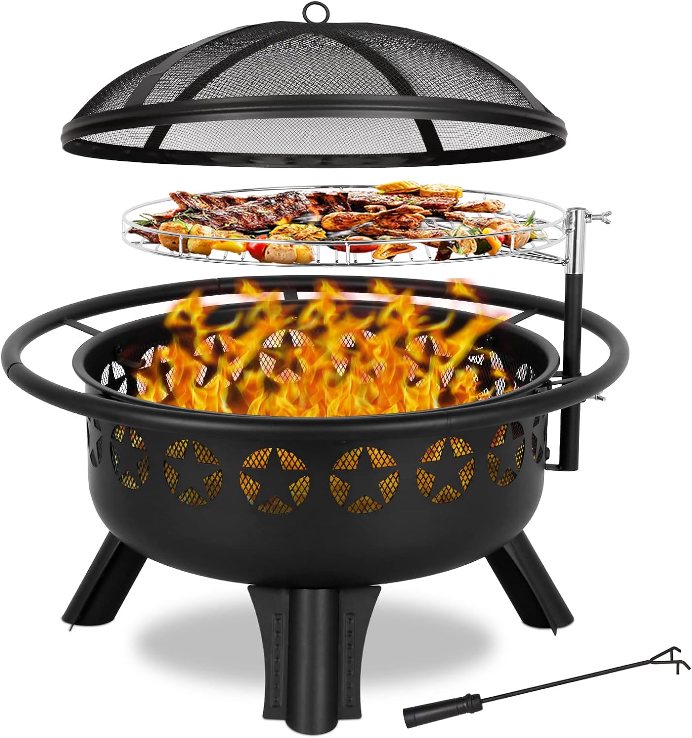 Hykolity 2 in 1 Fire Pit with Grill, Large 31" Wood Burning Fire Pit with Swivel Cooking Grate Outdoor Firepit for Backyard Bonfire Patio Outside Picnic BBQ, with Spark Cover, Fire Poker