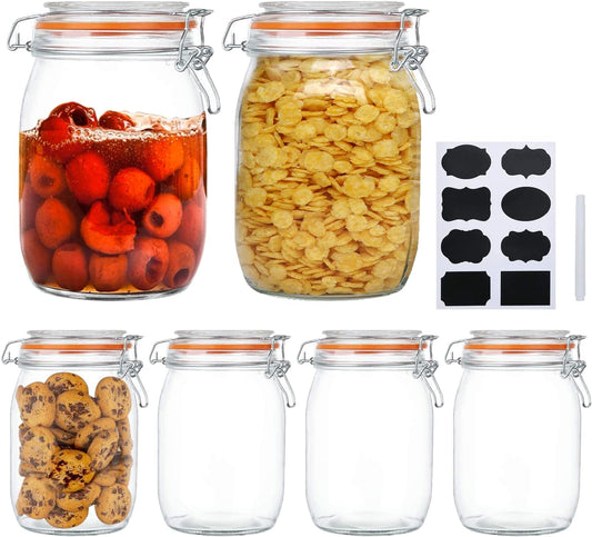 Encheng Glass Jars 32oz,Airtight Glass Food Storage Jar with Clamp Lid,1000ml Rounded Airtight Canister with Leak Proof Rubber Gasket,Clear Glass Kitchen Jars for Dry Food,Cereal,Beans,6 Pack