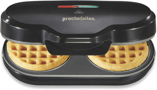 Proctor Silex Double Mini Waffle Maker Machine with 4\u201D Round Non-stick Grids, Makes 2 Personalized Individual Breakfast Keto Chaffles and Hashbrowns, Compact, Black (26102)