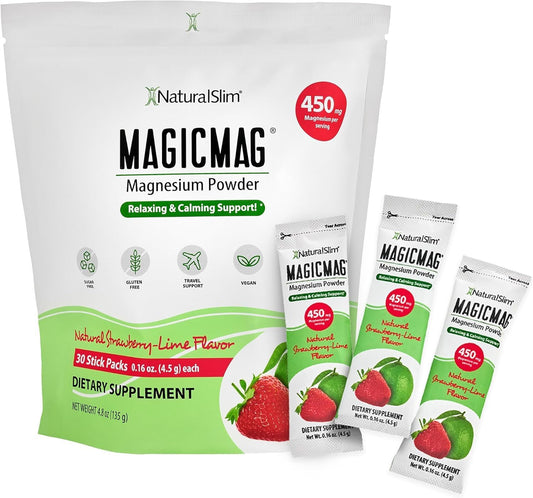 NaturalSlim MagicMag Magnesium Packets 30 Stick Pack Magnesium Citrate Powder – Stress, Constipation, Muscle, Heart Health, and Sleep Support | Natural Strawberry & Lime Flavored Magnesium Supplement