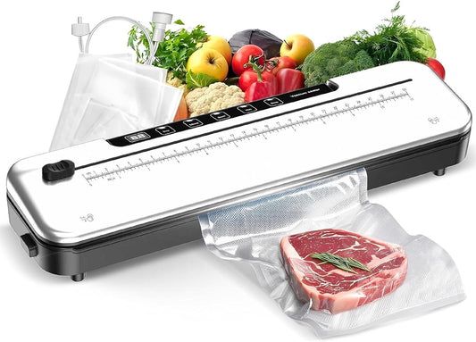 Vacuum Sealer Machine for Food Preservation, 6-in-1 Food Sealer for Freshness Storage, 75kpa Compact Vacuum Sealing Machine with External Sliding Blade, Digital Countdown Timer Black，Silver
