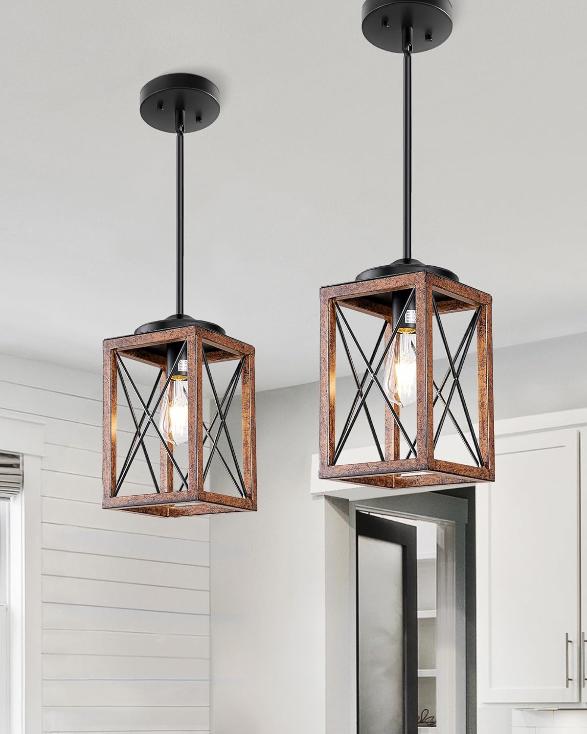DEWENWILS 2 Pack Farmhouse Pendant Light, Metal Hanging Light Fixture with Wooden Grain Finish, 48 Inch Adjustable Pipes for Flat and Slop Ceiling, Kitchen Island, Bedroom, Dining Hall, ETL Listed