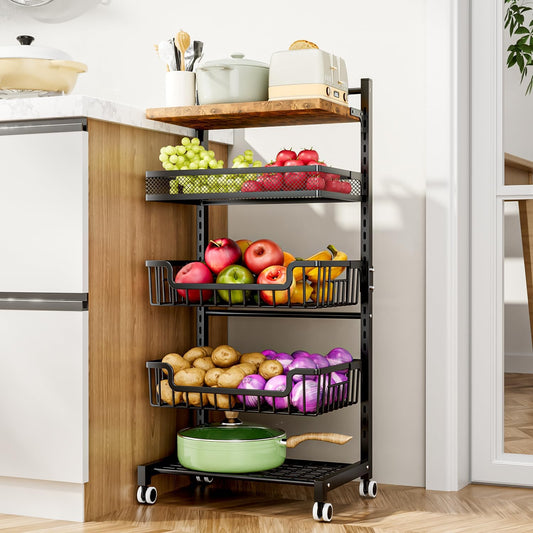 HapiRm Fruit Basket Kitchen Cart - 5 Tier Adjustable Vegetable Storage Rack, Large Capacity Rolling Kitchen Carts on Wheels for Snack Onion and Potato Storage