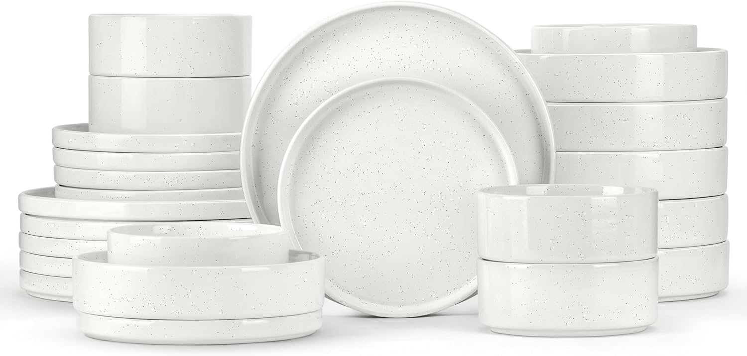 Herogo 24 Piece Dinnerware Sets with Pasta Bowls for 6, Dinner Salad Plates and Cereal Serving Bowls, Stoneware Dishes Dinner Ware for Kitchen Dining, Dishwasher & Microwave Safe, Speckled White