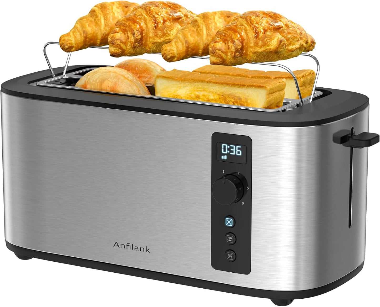Anfilank Toaster 4 Slice with Countdown Timer, Extra Wide Slots for Bagels and Waffles, 6 Browning Settings, Removable Crumb Tray, Stainless Steel