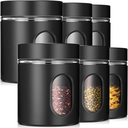 Patelai 6 Pack Kitchen Canisters Set 20 oz Airtight Stainless Steel Canister Food Storage Container with Window Glass, Coffee Sugar Candy Jars Tea Organizer for Flour Cookies Spice Kitchen (Black)