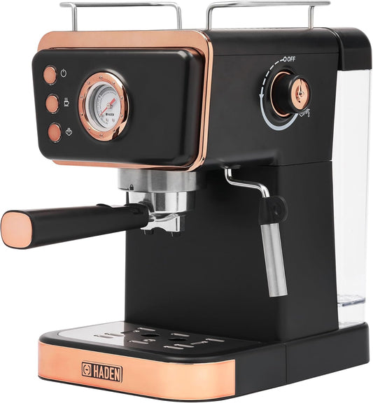 HADEN Barista Brew Espresso Coffee Machine, Stainless Steel Espresso Maker with Milk Frother and Steamer Function and 1.5L Water Tank, Black & Copper