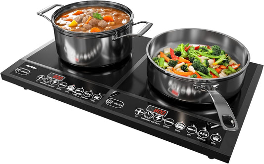 Sunvivi Portable Dual Induction Cooktop, Commercial-Grade Electric Countertop Burner with Timer, Induction Hot Plate with LED Screen, 8 Power(100W-1000W\/800W) & 8 Temp Setting(176°F-518°F), Black