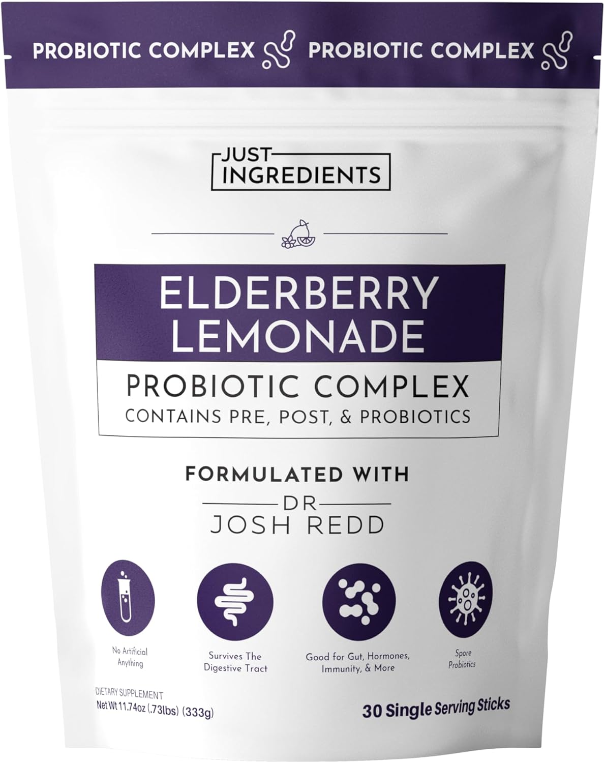 Elderberry Lemonade 3\u2011In\u20111 Probiotic Complex \u2013 30\u2011Stick Drink Mix with Prebiotics, Probiotics & Postbiotics \u2013 5\u202FBillion CFU Spore Strains + Lemon Extract \u2013 Immune, Gut & Digestive Support