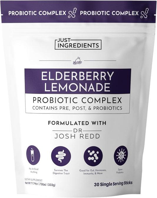 Elderberry Lemonade 3\u2011In\u20111 Probiotic Complex \u2013 30\u2011Stick Drink Mix with Prebiotics, Probiotics & Postbiotics \u2013 5\u202FBillion CFU Spore Strains + Lemon Extract \u2013 Immune, Gut & Digestive Support