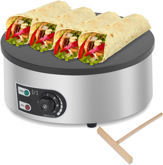 16" Commercial Electric Crepe Maker - 1500W Pancake Maker Griddle Nonstick Plate & Stainless Steel Round Base - Adjustable Temp Control 110V Electric Crepe Machine for Blintzes Eggs Bacon