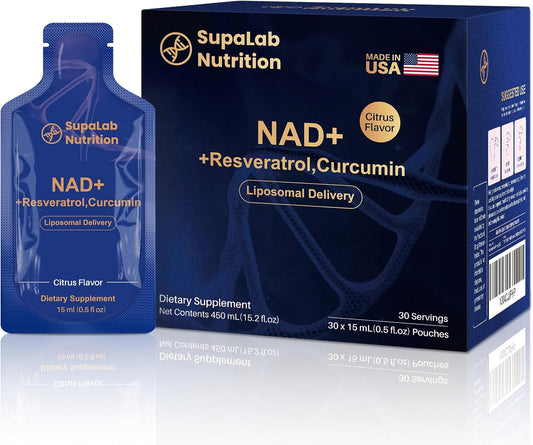 Liposomal NAD+ Supplement with Resveratrol, Anti-Aging, Energy Boost & Cellular Health Support, 15.2 fl. oz NAD Liquid for Men & Women (30 Pouch)
