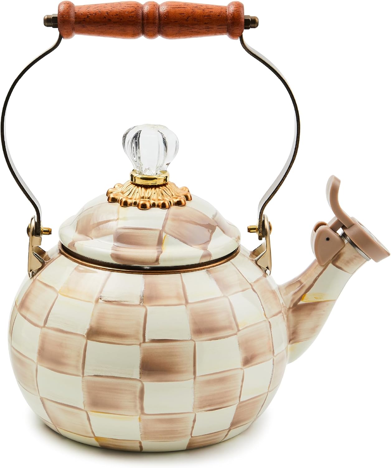 MACKENZIE-CHILDS Enamel Whistling Tea Kettle, Decorative Teapot for Stovetop, Brown-and-White Mocha Check