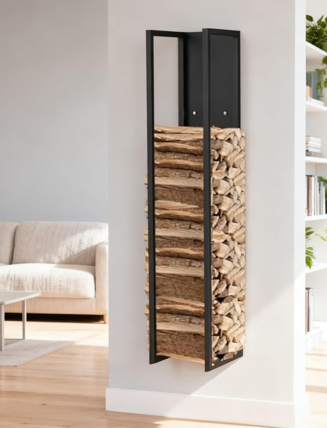 39" H Fireplace Decor Metal Firewood Rack, Hanging Black Firewood Holder with Shelf for Indoor & Outdoor Use