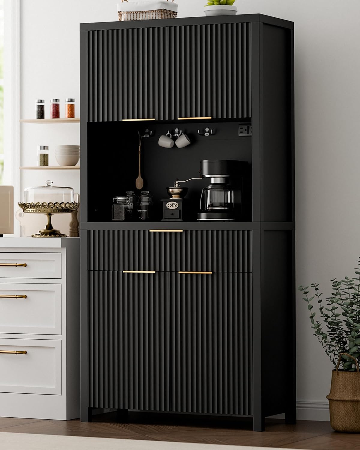 Lulive 71" Fluted Pantry Cabinet with Charging Station & Adjustable Shelves, Spacious Kitchen Storage Cabinet with Open Countertop & Drawer for Dining Room, Living Room, Black